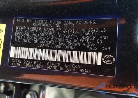 2016 Lexus Es 350 from USA, damaged, VIN 58ABK1GG8GU030107